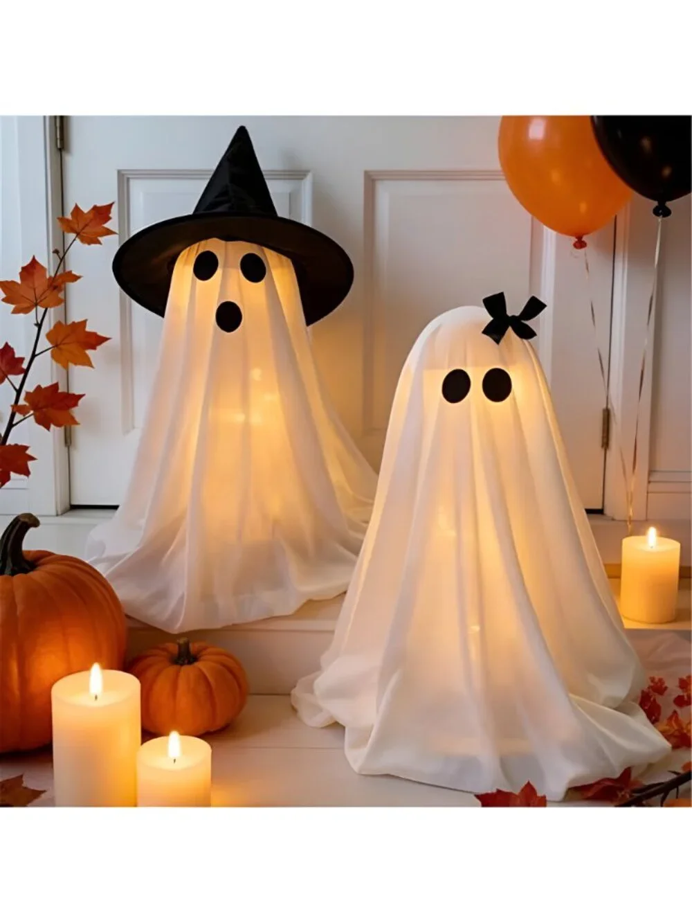 Halloween Decorations Light-Up Ghosts with Witch Hats, Indoor Ghost Decor